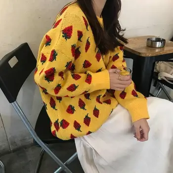 

Korea Strawberry Print Sweater Sweet Female Cute Casual Fashion O-Neck Long Sleeve Loose Oversize Knit Sweater