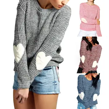 

Autumn Winter Women Sweater Casual Heart Printed Long Sleeve Solid Color Sweaters Loose Jumper pullover Sweater Pull Femme