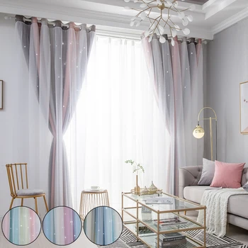 

Window Curtain Double-Layer Drapes Curtain Panel Yarn Curtain Star Window Eyelet Overlay Hollow Out Drapes Bedroom Curtain D30