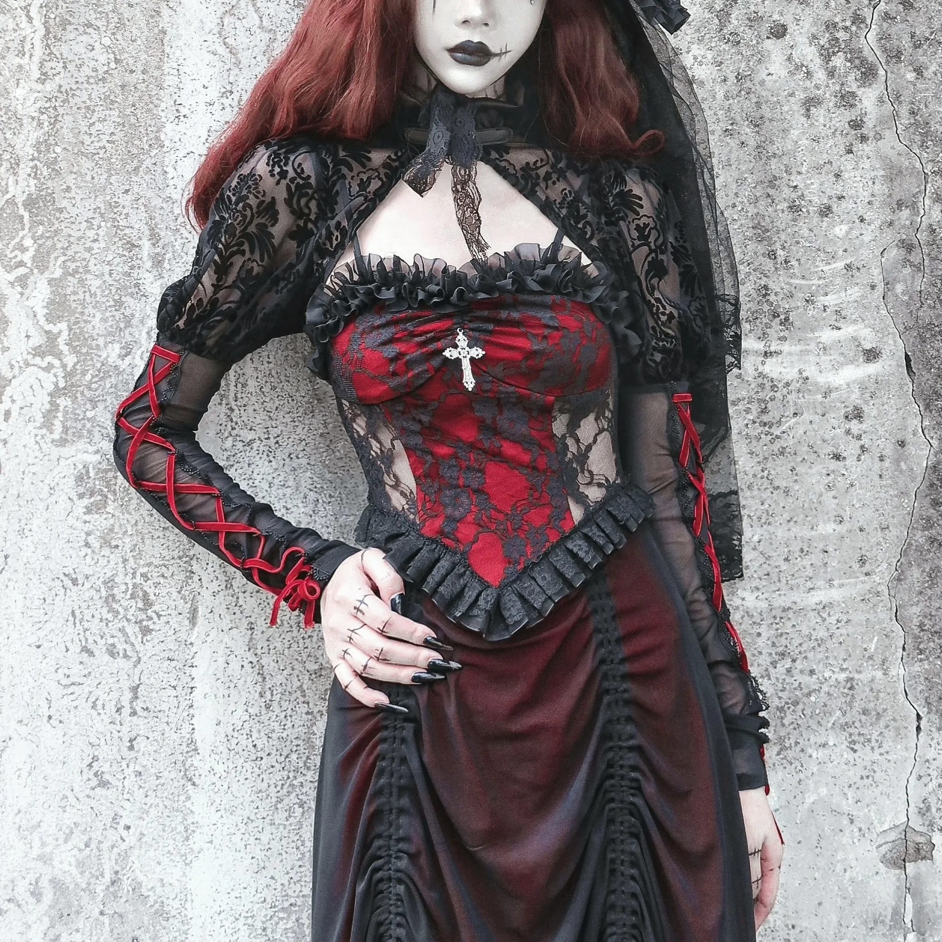 Blood Supply Original Design Gothic Vampire Black Red Fleece Translucent Long Puff Sleeve Lace-up Slim Short Jacket Summer