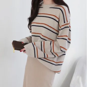 

Women Autumn Winter Stripes Print Slim Long-Sleeved Round Collar Loose Bottom Knit Sweater