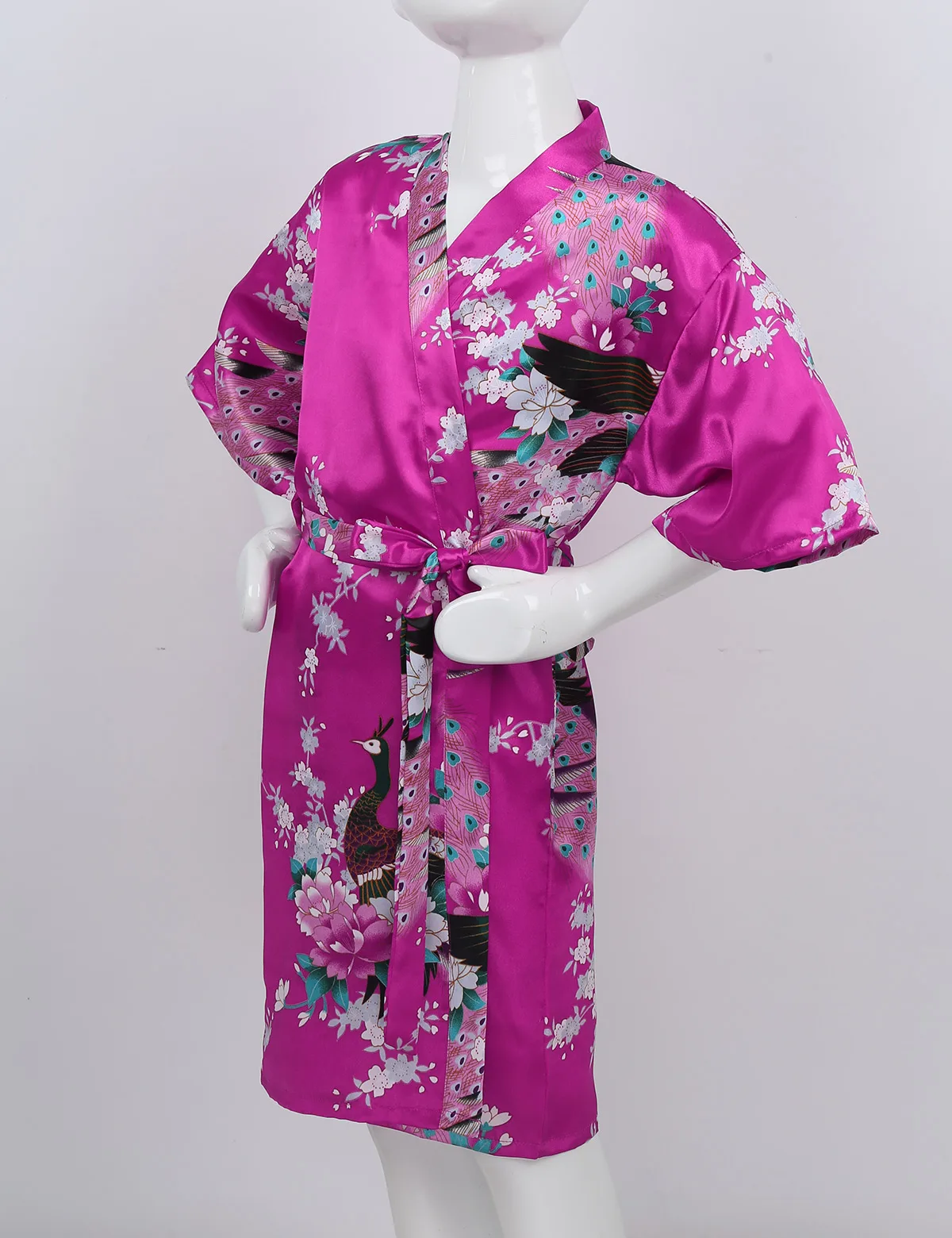 Girls Satin Kimono Robe Kids Sleepwear Peacock Flower Printed Children Bathrobe Nightgown Robe For Spa Party Wedding Birthday