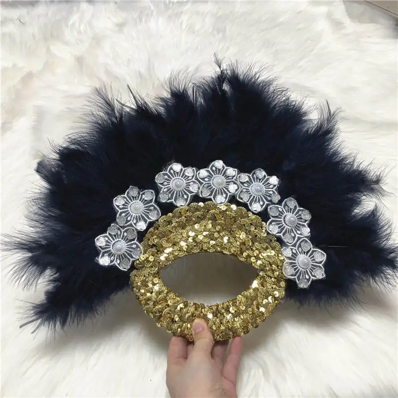 navy blue Bride wedding feather fan African feather handfan with sequins for wedding party - Цвет: navy blue