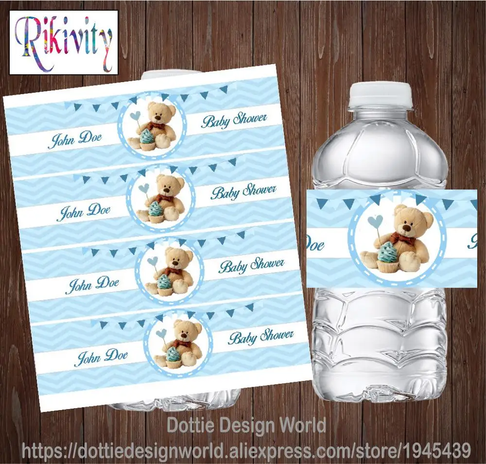 Rikivity Custom Light Blue Bear Baby Shower Water Bottle Wine Label Candy Bar Wrapper Sticker Birthday New Born Party Decoration | Дом и сад