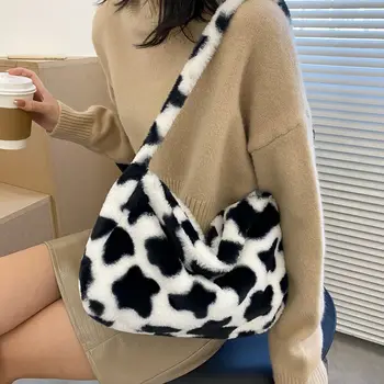 

Simple Cute Plush Women Handbags Fashion Cow Pattern Female Shoulder Bags Casual Large Capacity Ladies Underarm Bags Purse Tote