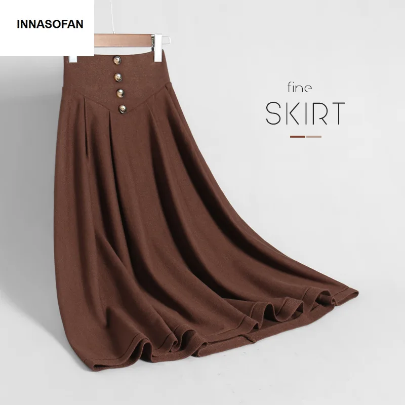 INNASOFAN теплая трикотажная юбка Женская осенне-зимняя юбка с высокой талией модная Высококачественная шикарная юбка сплошного цвета с кнопками