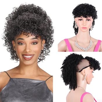 

Short High Puff Afro Kinky Curly Drawstring Ponytail With Bangs Wig Synthetic Pony Tail Fake Hair Clip in Hair Extension