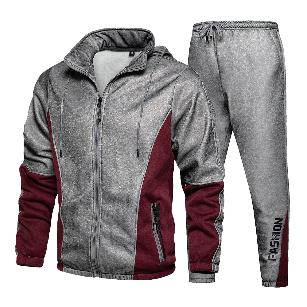 

2 Pieces Hooded Hoodies Set Men Sports Suit Jogging Tracksuit Men Patchwork Long Sleeve Sweatshirt + Drawstring Pants Outdoor