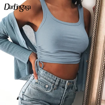 

Darlingaga Casual Ribbed Solid Bodycon Tank Top Women Drawstring Ruched Summer Crop Top Basic Cropped Vest Tops Clothes 2020 New