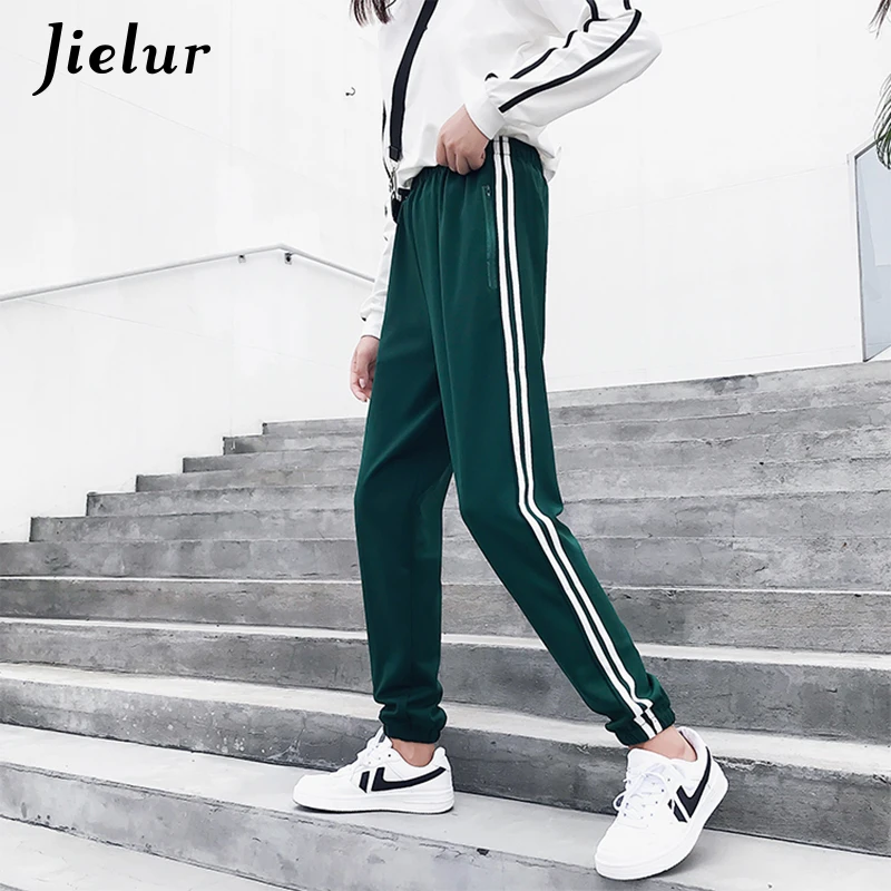 

Jielur Fall 2019 Women Pants Pockets Zipper Elastic High Waist Female Trousers Broeken Pant Pantalon Cool Sweatpants S-2XL