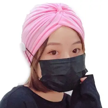 

Women Sport Fluorescent Solid Color Turban Hat Anti-Tight Earloop Button Face Mask Holder Pleated Knot India Bandana Cap