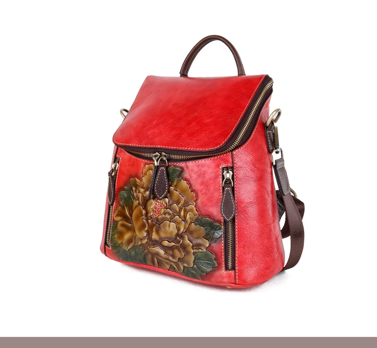 Women Backpack Genuine Leather Flower Pattern Real Cowhide Rucksack Female 3 Use Vintage Shoulder Bag Daypack Travel Knapsack