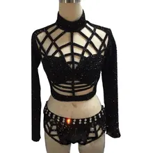 Костюмы для джазовых танцев, черные стразы, костюм для танцев на шесте, одежда для Dj Ds Gogo, певица, для ночного клуба, для сцены, Одежда для танцев для женщин