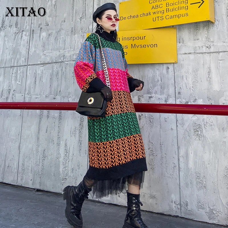 XITAO трикотаж надписи платье Для женщин длинный рукав 2020 весна лоскутное