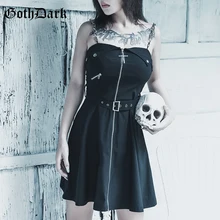 Готическое темно-черное платье с заклепками гранж-панк, готическое платье Харадзюку, пояс на молнии, винтажное эстетическое осеннее женское платье, модное платье на ремешке