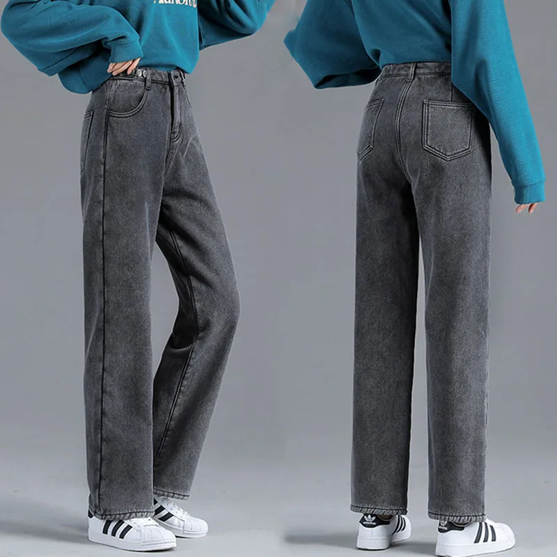 Winter Jeans Women Velvet Fleeces Inside Thickening Denim Pants High Waist Wide Leg Warm Trousers Female Plus Size amiri jeans