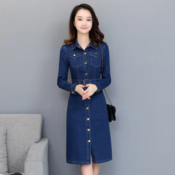 

#2728 Single Breasted Denim Dresses Women Long Sleeved Jeans Dress With Belt Lapel Collar Elegant Office Midi Dress High Waist