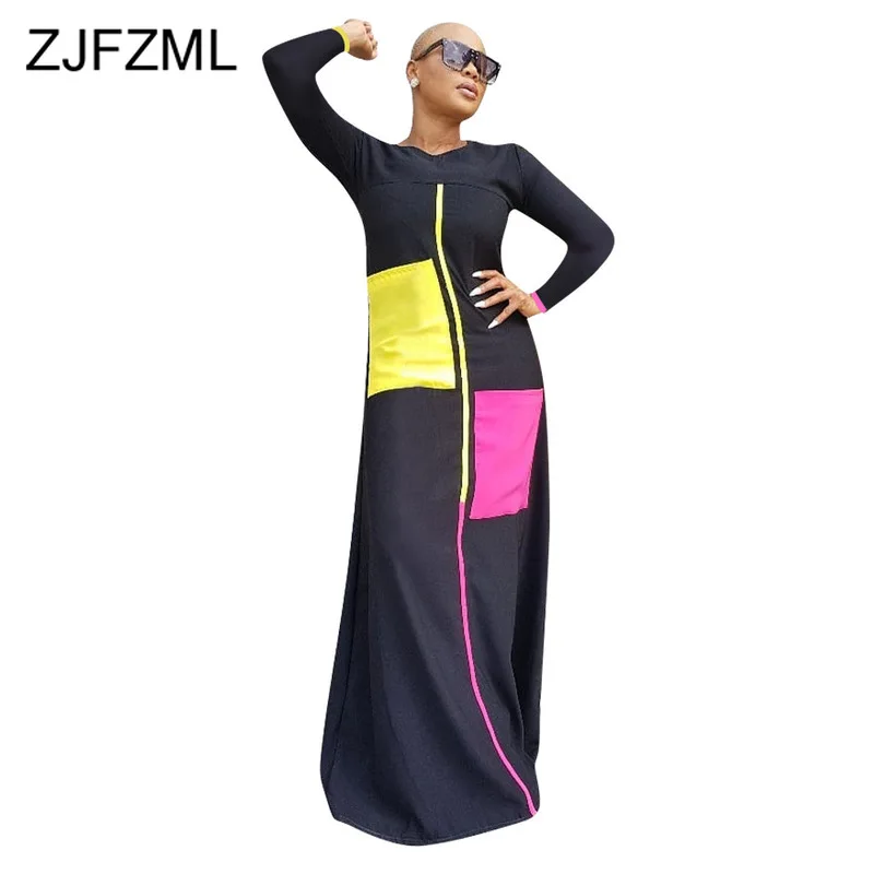 

Contrast Color Pockets Sexy Long Dress Women Round Neck Long Sleeve Slim Causal Dress 2019 Fall Floor Length Plus Size Dress