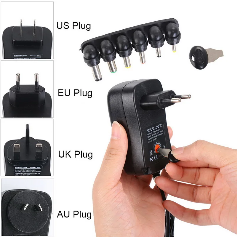 

Urijk 7pcs/set 30W AC/DC Adapters USB 5V 2.1A 1.5m US/EU/UK/AU Supply Charger With 6 Selectable Connector Tips