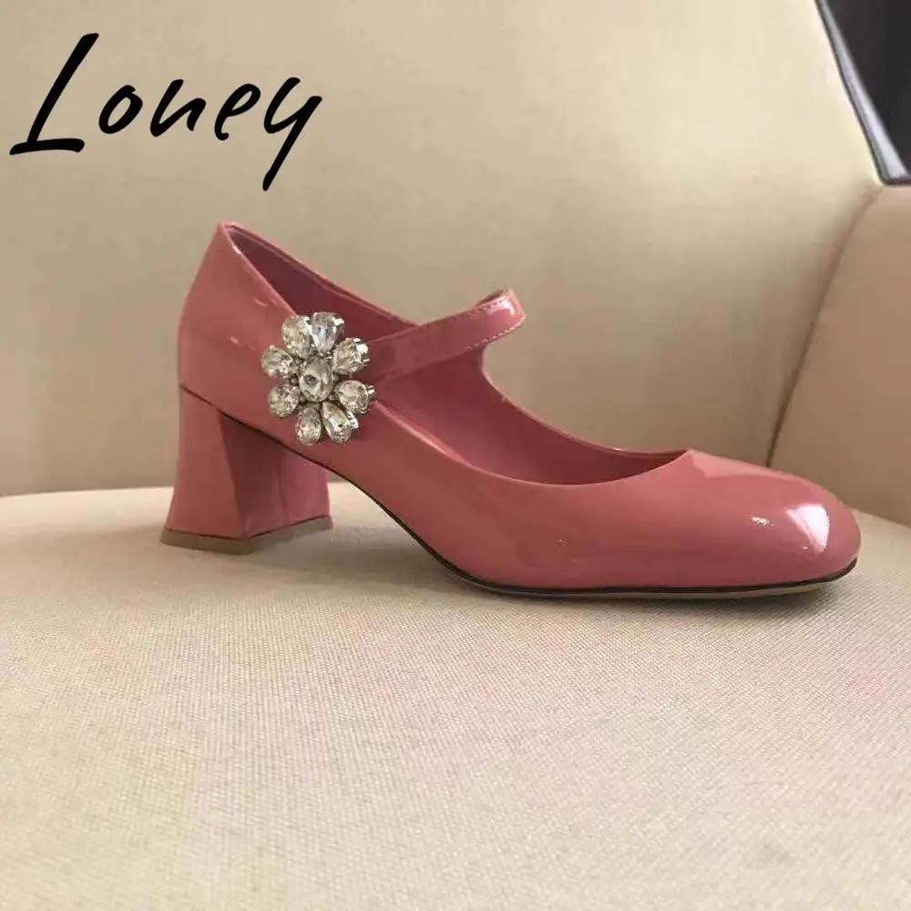 

Prowow New Black Pink Genuine Leather Crystal Floral Buckle Strap Summer Pumps Thin Heel HIgh Heel Mary Jane Pumps Shoes Women