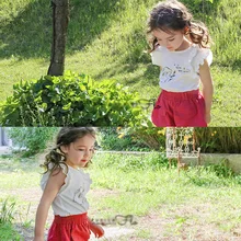 Детская одежда из Южной Кореи; летние брюки для девочек; хлопковые трикотажные тонкие толстовки с капюшоном и накладным карманом; повседневные широкие шорты; брюки-кюлоты