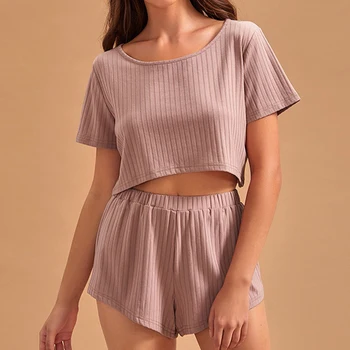 

Two Piece Sets Casual O-Neck Women's Homewear Comfortable Breathable Crop Tops Female Tee Shirt Short Pants Short Sleeve Pajamas