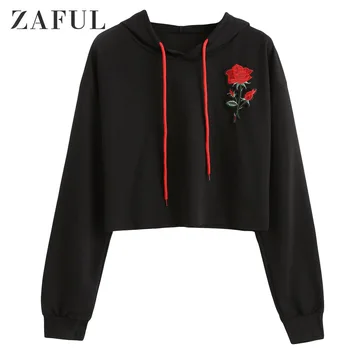 

ZAFUL Rose Applique Drawstring Drop Shoulder Hoodie Full Sleeves Autumn Floral Women Pullover Casual Outdoor Sweatshirts 2019