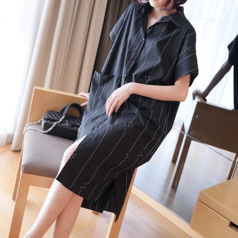 

LANMREM Striped Lapel Short Sleeve Large Pocket Split Loose Plus Woman Dress Casual Simple Fashion 2019 Summer New TV191