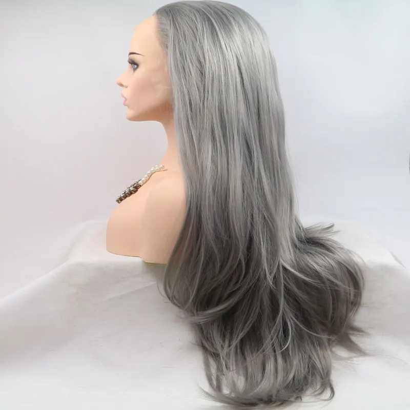 Siver Grey Natural Straight Hand Tied Synthetic 13*3 Inch Lace Front Wig Heat Resistant Fiber Free Part Hair For Women Girl Wigs