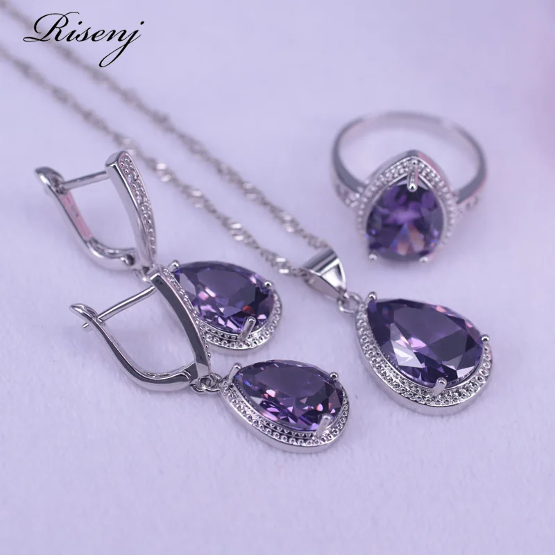 Bridal Jewelry Earrings Necklace Silver-Color Purple Crystal Big Square Water-Drop