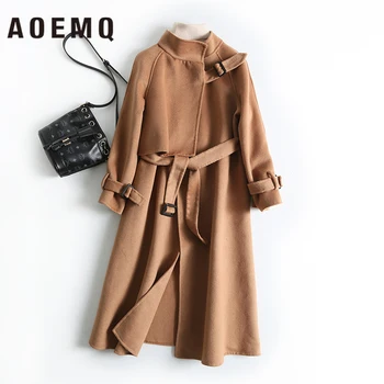 

AOEMQ Fashion Coats 2 Colors England Classic Flight Attendant Blends Lace Up Waist Coats Engagement Wedding Wear Women Clothing