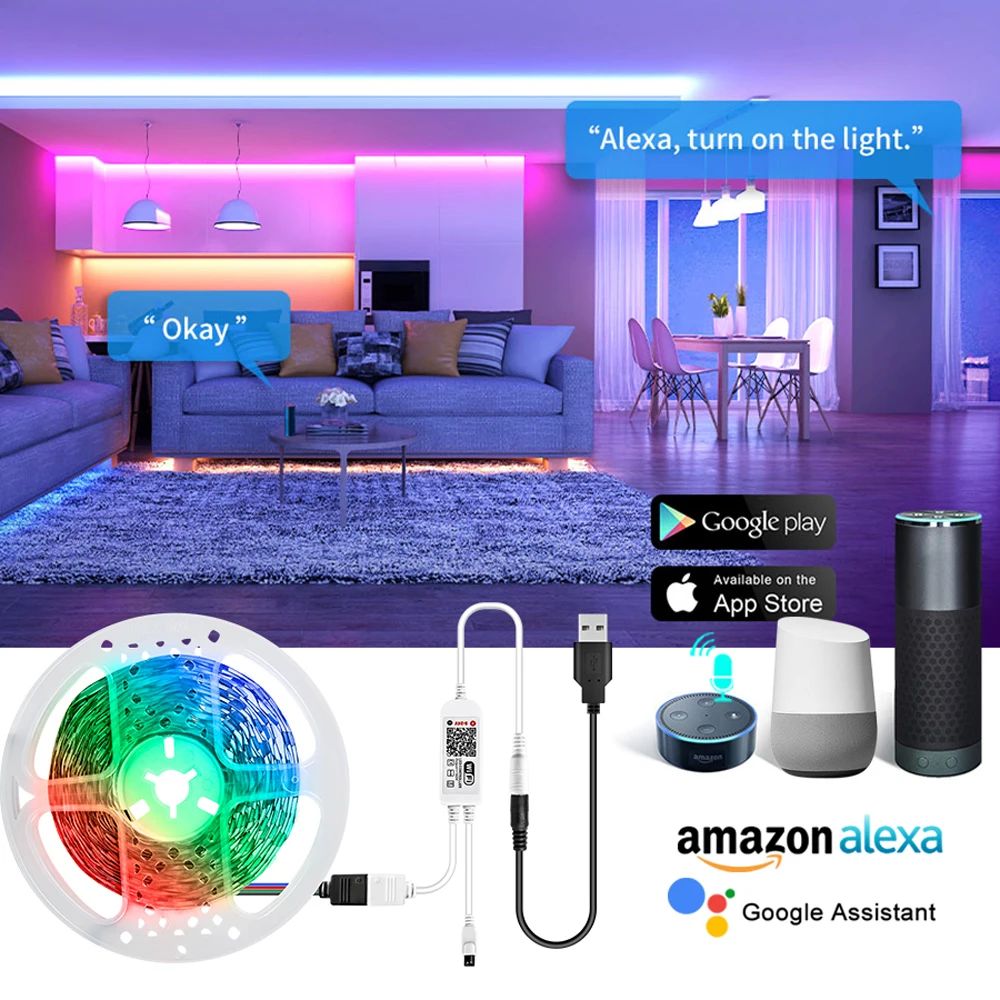 

WiFi Smart LED Light TV Backlight LED Stip Light 5V USB Intelligent Bluetooth Multi Color PC LED Backlight Google Home echo dot