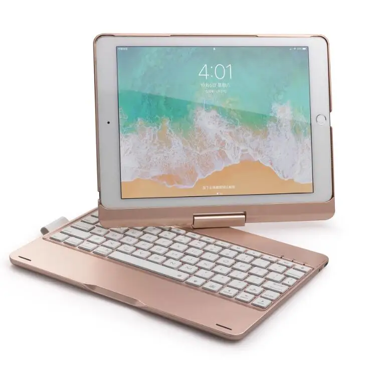 360 градусов вращение беспроводной Bluetooth клавиатура чехол для iPad Air 2 Pro 9,7 дюймов с Красочная светодиодная подсветка - Цвет: Rose Gold