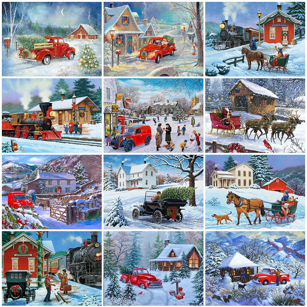 Diamond Painting Christmas Winter Snow Scene Car 5d Diy Full Cross