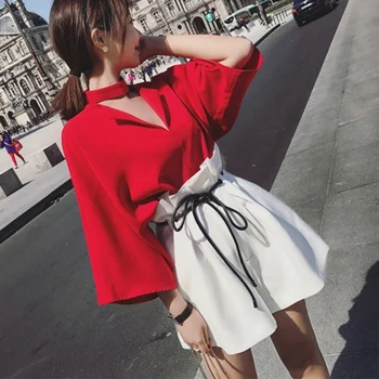 

2020 New summer Women Two Piece Sets Bell sleeve Blouse + Wide Leg Shorts Fashion OL Set yy537