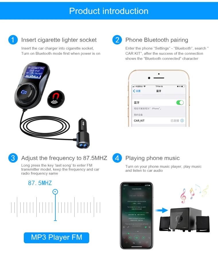 Bluetooth FM передатчик аудио автомобильный комплект FM модулятор радио адаптер Автомобильный mp3 плеер Поддержка TF карта u-диск двойной USB
