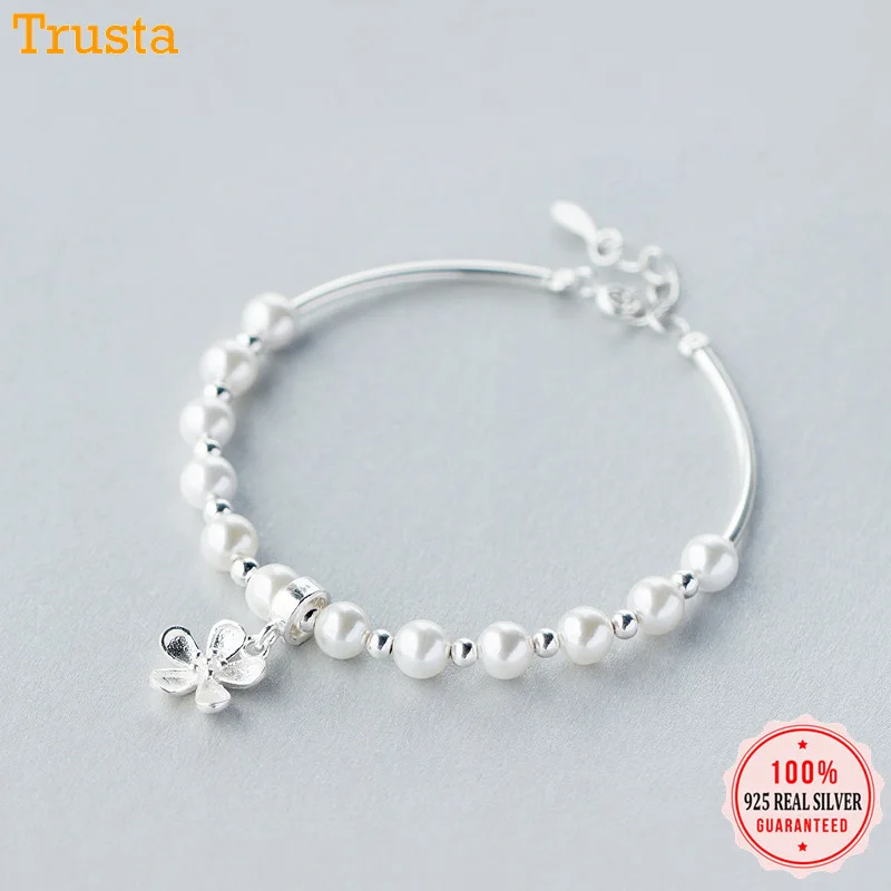 

Trustdavis 925 Sterling Silver Fashion Flower 6mm Synthesis Pearl Pulseras Bracelet For Women Girl Silver 925 Jewelry Gift DT10