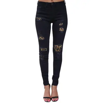 

Womens High Waist Skinny Jeans Solid Leopard Patchwork Ribbed Holes Long Pencil Pants Hole Casual Slim Pants
