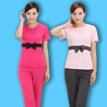 Комплекты с эффектом потертости, с узором, для стюардессы, тайская спа-массаж, униформа косметолога, галстук-бабочка, топы и штаны, комплект, рабочая одежда