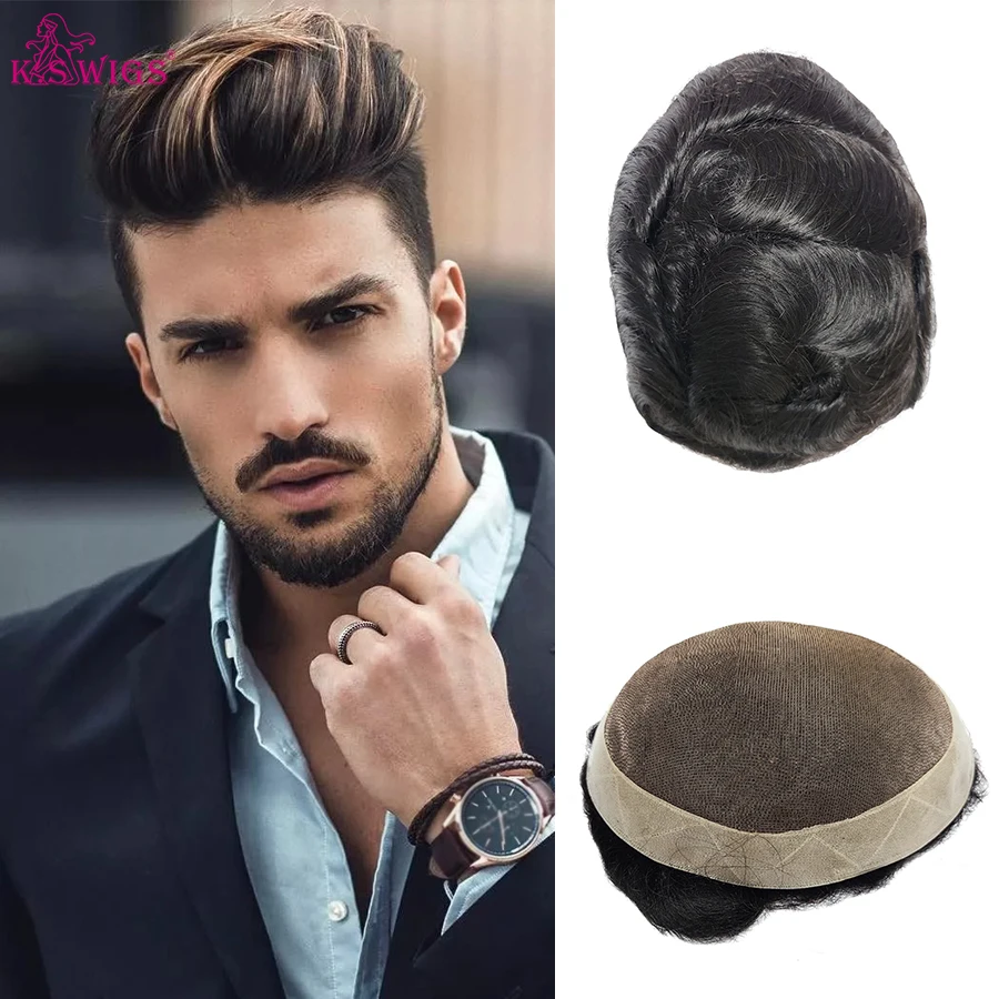 K.S WIGS Men Toupee Fine Mono & PU Men's Wig Durable Capillary Prosthesis Natural Hair Replacement System Male Wig 130% Density