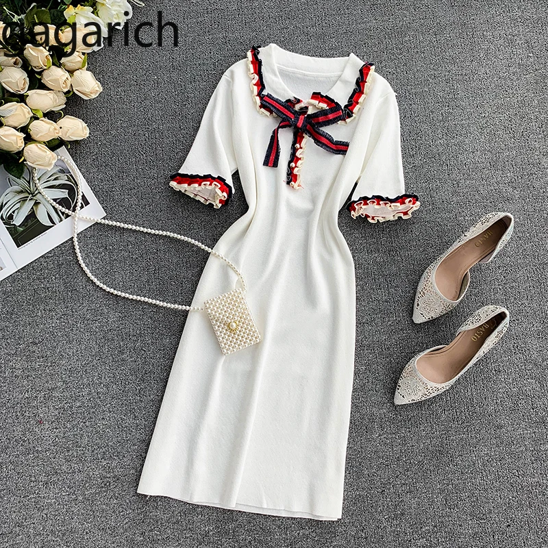 

Gagarich Women Elegant Dress 2019 Retro Style Short Sleeve Stretch Bow Tie Sweet Midi Dresses Girl Summer Robe Femme