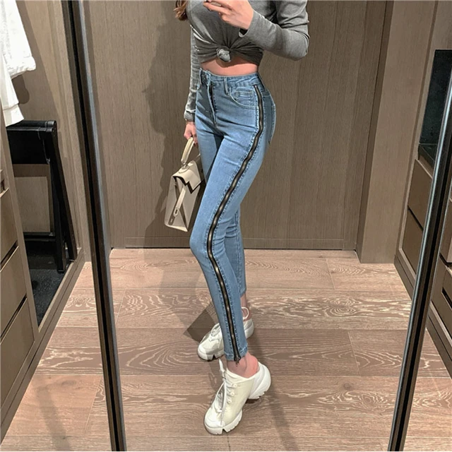 Pantalones vaqueros elásticos con cremallera lateral para chicas, Vaqueros coreanos con personalidad y lateral, Vaqueros ajustados de cintura alta elásticos, Vaqueros ajustados para mujer 2021|Pantalones vaqueros| - AliExpress