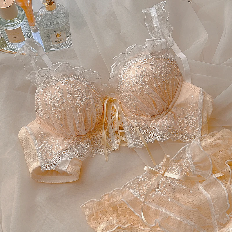 Mezza tazza di reggiseno senza ferretto slip donna lingerie ricamo dolce croce nastro fiocco sexy push up bralette_voghion.com