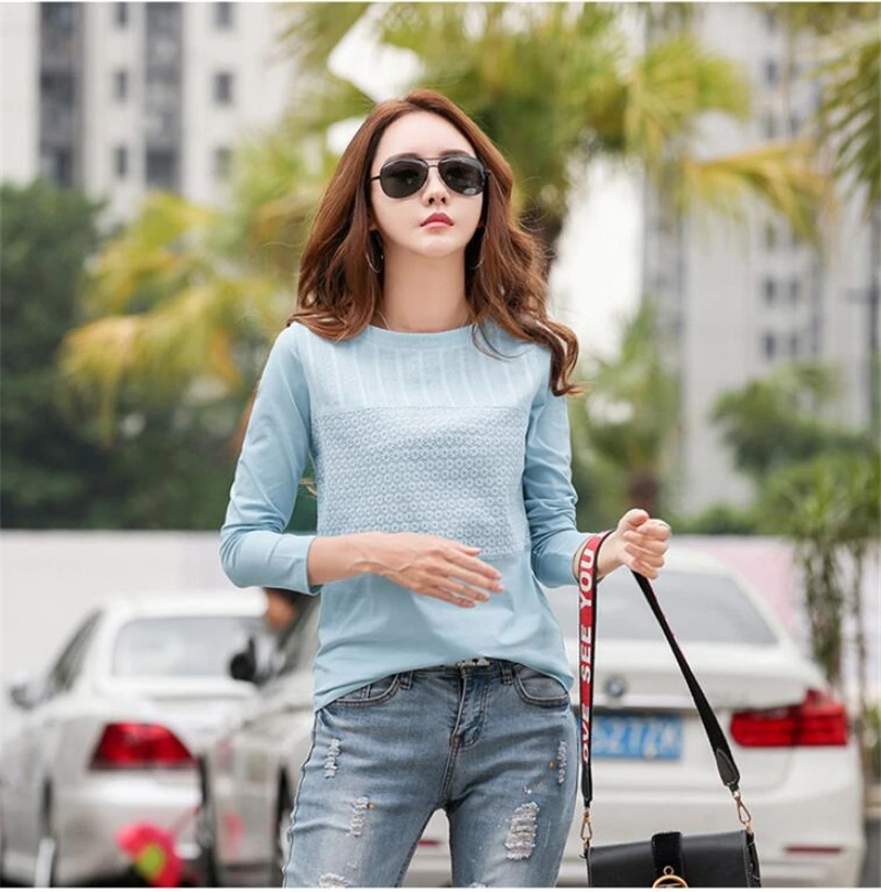 SZMALL Весенняя Цветочная футболка с круглым вырезом, женские топы, корейские Стильные повседневные футболки с длинным рукавом, женская одежда