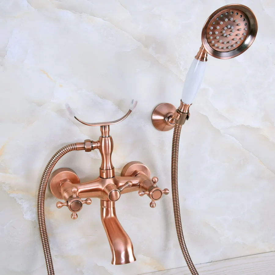 

Antique Red Copper Wall Mounted Bathroom Bath Tub Faucet Set WITH/ 150CM Handheld Shower Spray Head Mixer Tap Dna358