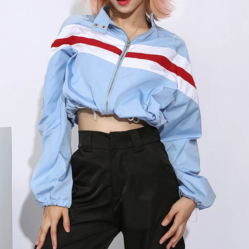 Женские толстовки с капюшоном; сезон осень 2019 полосатая молния отложной Harajuku уличная мода укороченная Толстовка и свитшоты женская одежда