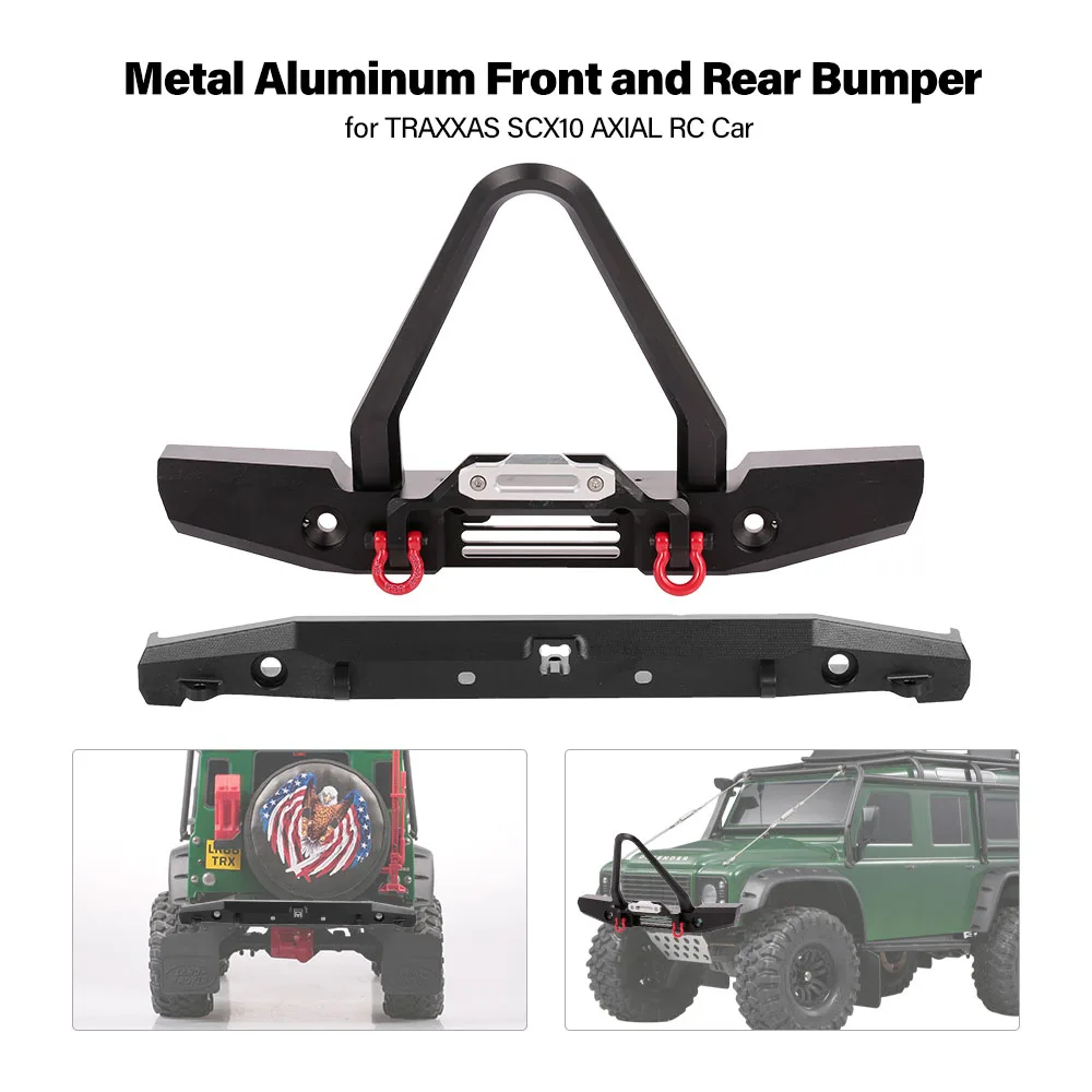 

Metal Aluminum Front and Rear Bumper Set with 4 LED Lights Trailer Tail Hook for 1/10 TRAXXAS SCX10 AXIAL RC Car