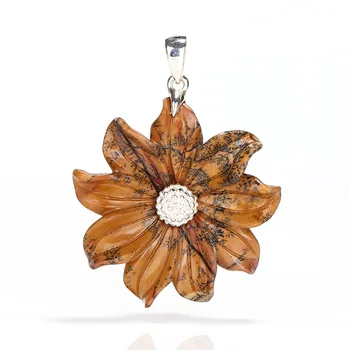 

Natural Gemstone Chouhua Jasper Handcarved Flower Pendant, 925 Sterling Silver Pinch Bail, 30x29x8mm, 4.9g