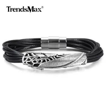 

New Fashion Hollow Feather Charm Bangle Bracelet for Men Boys Multilayer Braided Leather Strings Bracelet Magnetic Clasp DLBM40