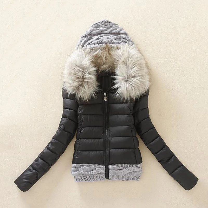 Knit 2020 wool new cap stitching fur collar slim cotton padded winter coats for women short down jacket female CP0159 | Женская одежда